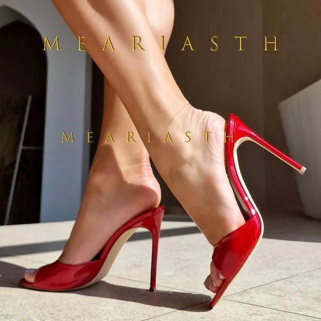 Sandalias de tacón de charol rojo, Sandalias poco profundas sin cordones, tacones sexis sólidos, zapatos de tacón de aguja de verano de 10CM, Sandalias con punta abierta y una correa
