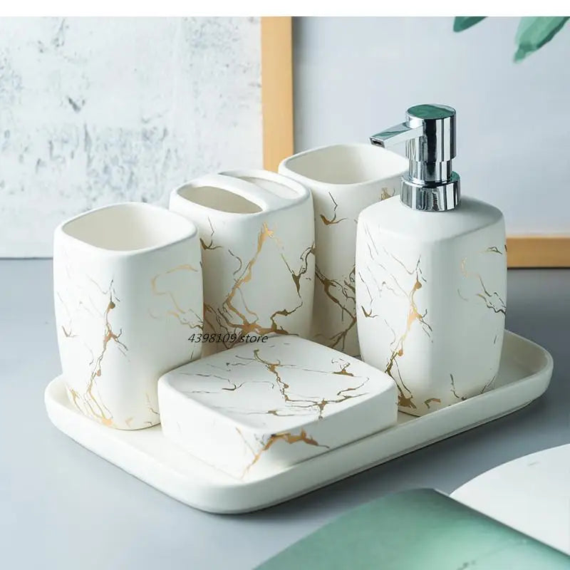 Juego de accesorios de baño de cerámica de mármol negro, dispensador de jabón/soporte para cepillos de dientes, bandeja, suministros para el hogar