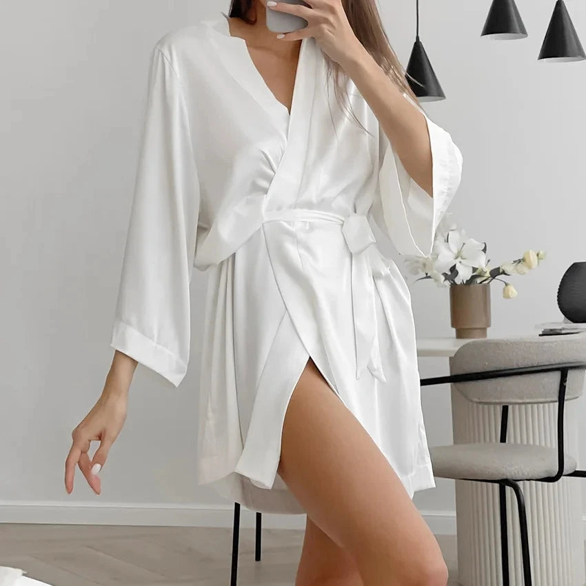 Bata de Novia Blanca para Mujer, Kimono de Satén de Seda, Ropa de Dormir Holgada con Manga 3/4, Lencería
