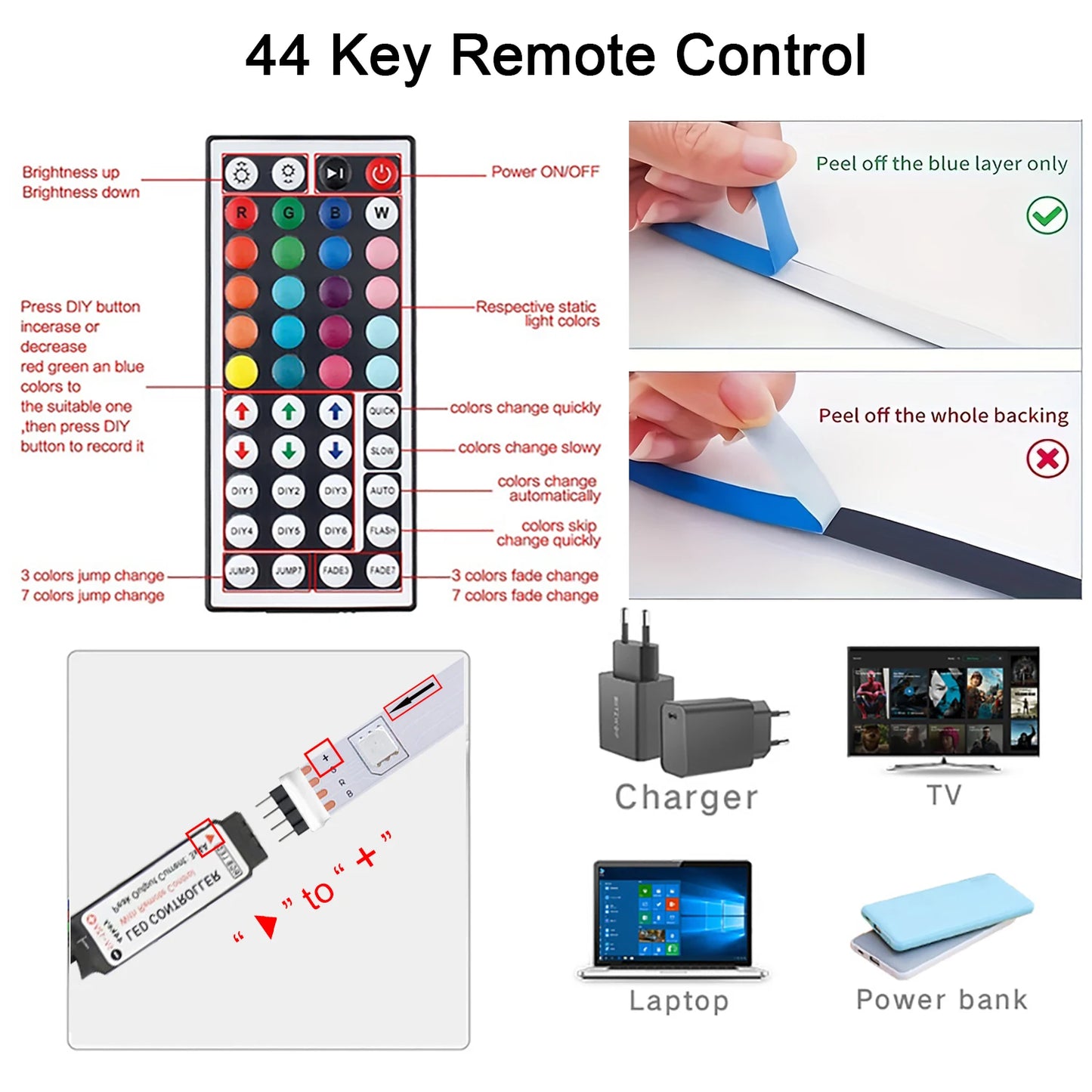 Tira de luces Led con Control remoto de 44 teclas, 1m, 5m, 10m, 20m, cinta RGB, pared Led para habitación, hogar, dormitorio, decoración de fiesta, retroiluminación de TV
