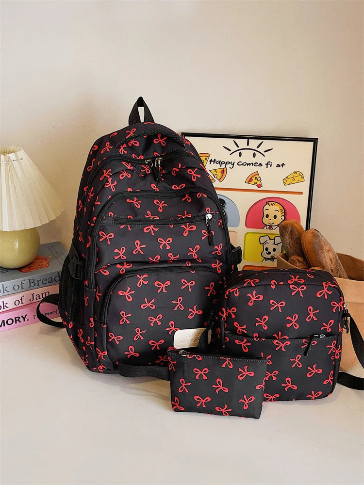 Juego de 3 Bolsas Escolares con Lazo, Mochila de Gran Capacidad, Mochila Casual de Viaje, Mochila Versátil, Bolsa Cruzada, Bolsas para Niñas