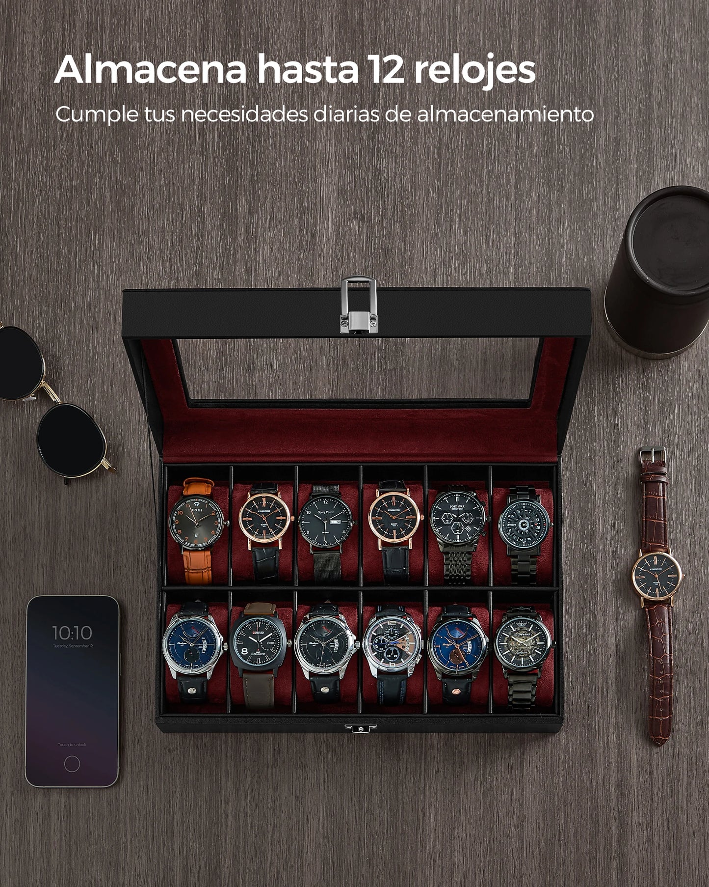 SONGMICS Caja de reloj con 12 ranuras, forro gris verdastro/forro rojo vino/forro beige capuchino/forro beige verdoso