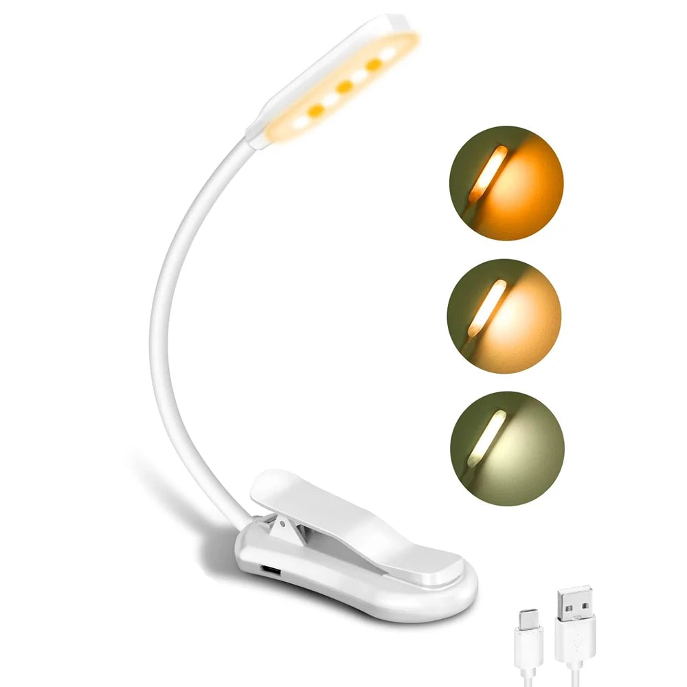 Lámpara de luz de lectura de libros recargable, luz de libro LED para leer en la cama, brillo ajustable para el cuidado de los ojos, 3 temperaturas de color