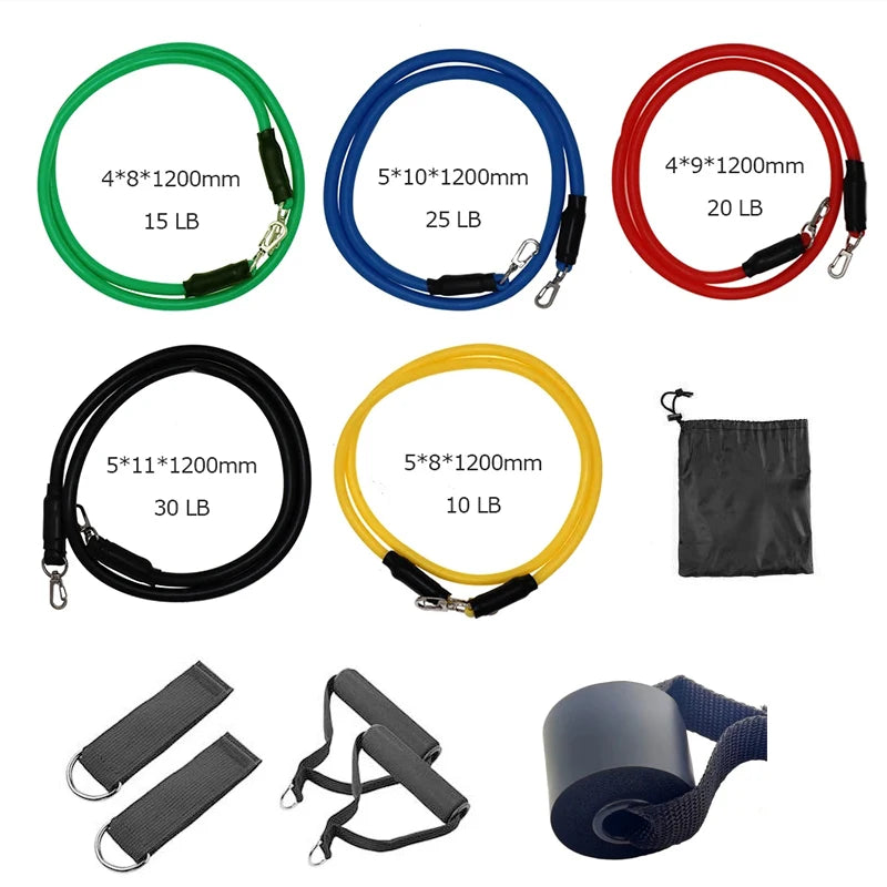 Set de Bandas de Resistencia TPE (11 piezas) con Cuerda de Tracción, Bandas Elásticas de Entrenamiento, Anclaje para Puerta, Asas, Bolsa de Transporte y Correas para Piernas y Tobillos