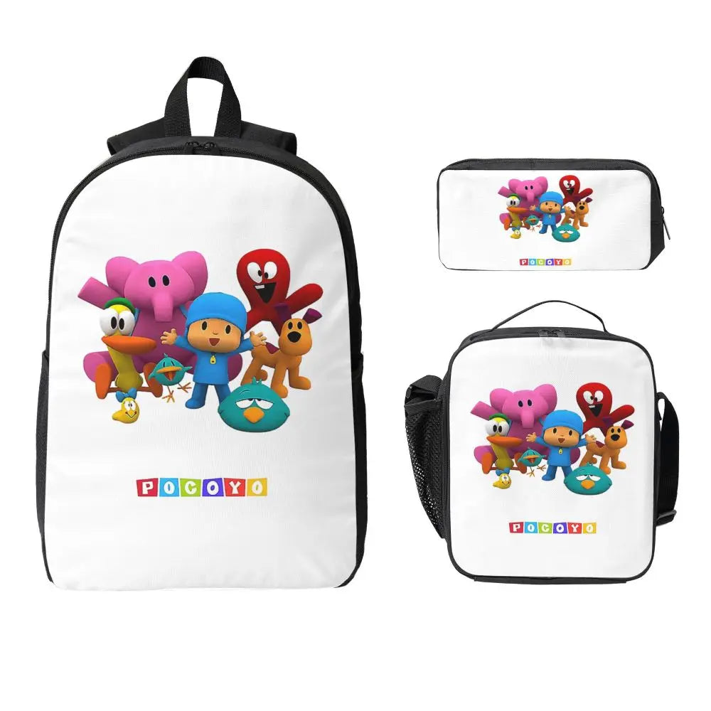 Mochila azul de dibujos animados de Pocoyo para niños, mochila escolar, bolsos de hombro para ordenador, bolsa de almuerzo aislada de 3 piezas, estuche para lápices