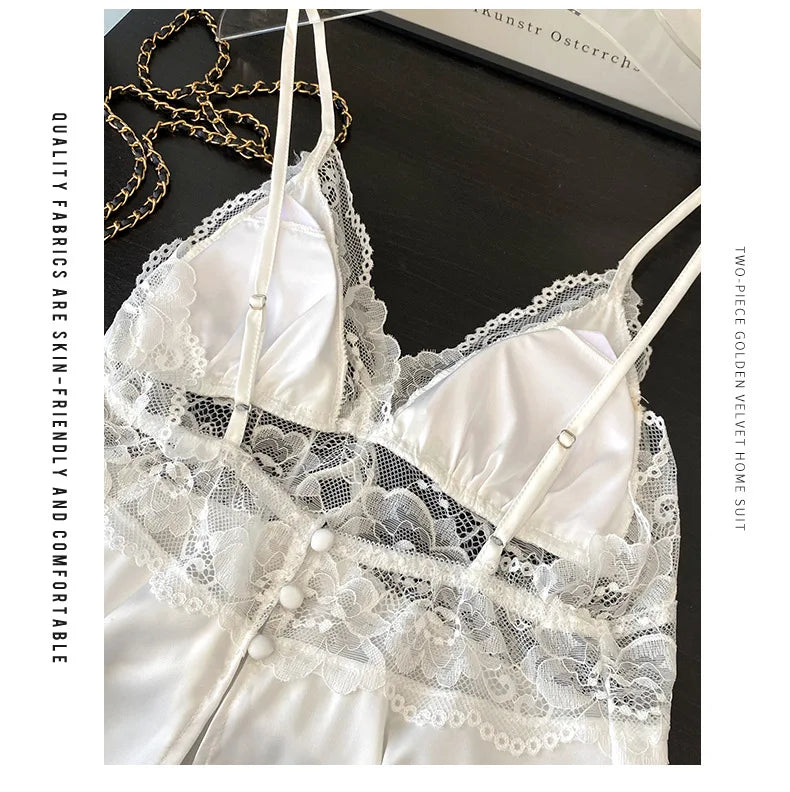 Conjunto de pijamas con tirantes para mujer, ropa de salón, lencería íntima de encaje calado Sexy, ropa de dormir, novedad de verano, Top y pantalones cortos con tirantes, ropa de casa