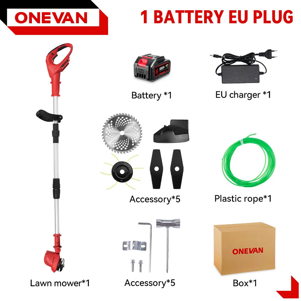 Cortadora de Césped Eléctrica ONEVAN de 10 Pulgadas y 4000W sin Escobillas, 36000 RPM, Recortadora de Césped, Herramientas de Jardín Ajustables para Baterías Makita de 18V