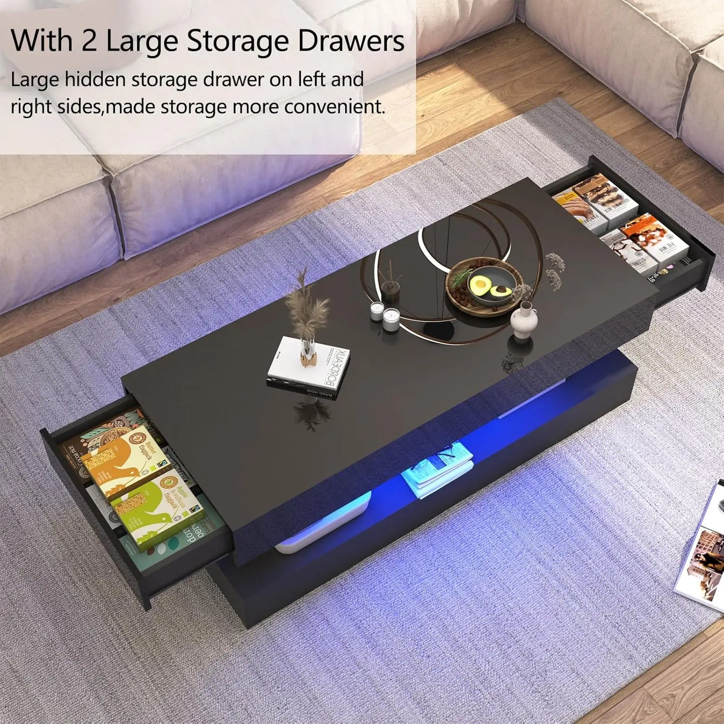 Mesa de Centro Moderna y Elegante con Luces LED, Diseño de Doble Capa para Sala de Estar con 2 Cajones de Almacenamiento