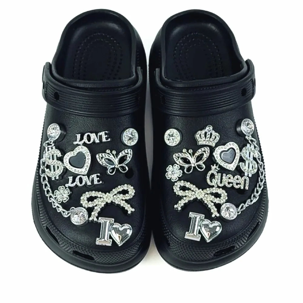 Juego de 20 piezas de dijes para zapatos, corona plateada, letra, mariposa, cadena de diamantes, decoraciones para zapatos, hebilla para sandalias, zuecos, accesorios DIY, regalo