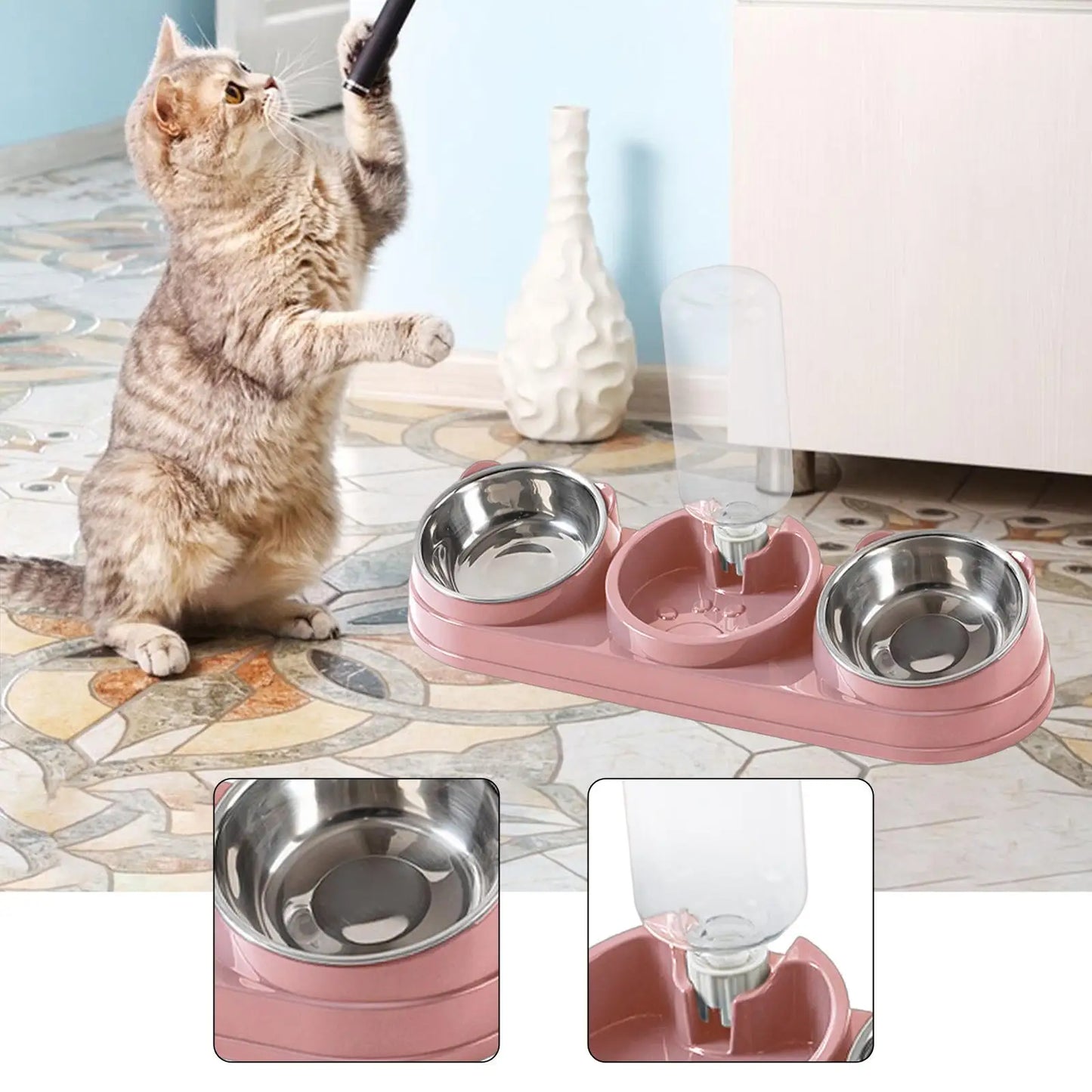 Cuenco triple para gatos, cuenco para comida y agua para mascotas, inclinado a 15 ° , 3 en 1, para húmedo y