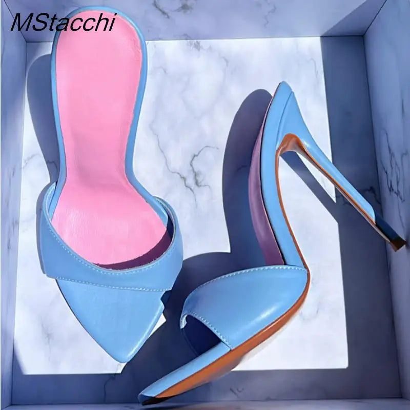 Zapatillas de tacón súper alto para mujer, zapatos de verano con punta abierta, sandalias de tacón de aguja de colores combinados, zapatos sexis de fiesta para mujer, zapatos de tacón de lujo para mujer