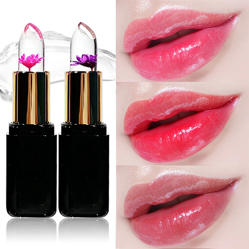 HISYI Crystal Crystal Color Changing Petal Lipstick, bálsamo labial en gel, maquillaje labial brillante hidratante de larga duración que no se pega a la taza para mujeres