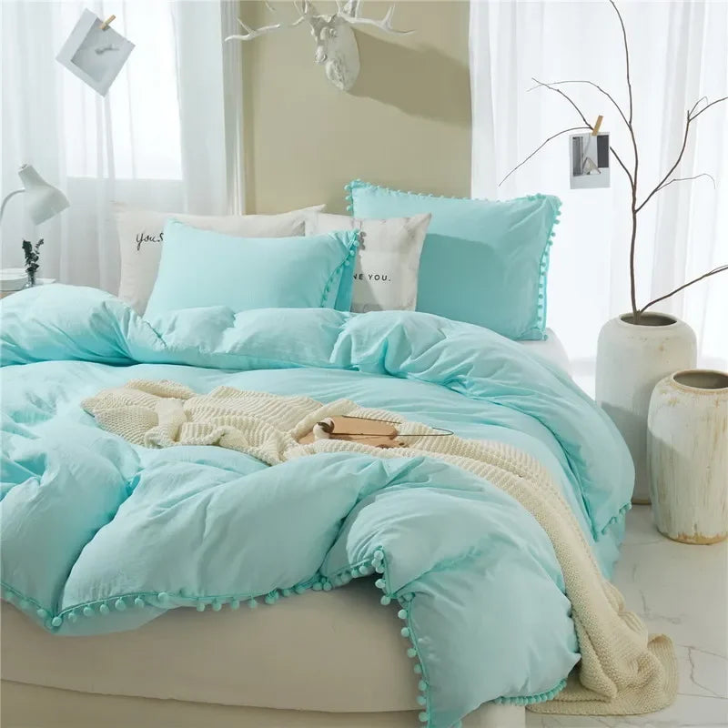 Funda de edredón suave y lavada, Juego de 3 piezas, funda de almohada, juego de ropa de cama para Twin, Full, Queen, King Size, decoración de pompones