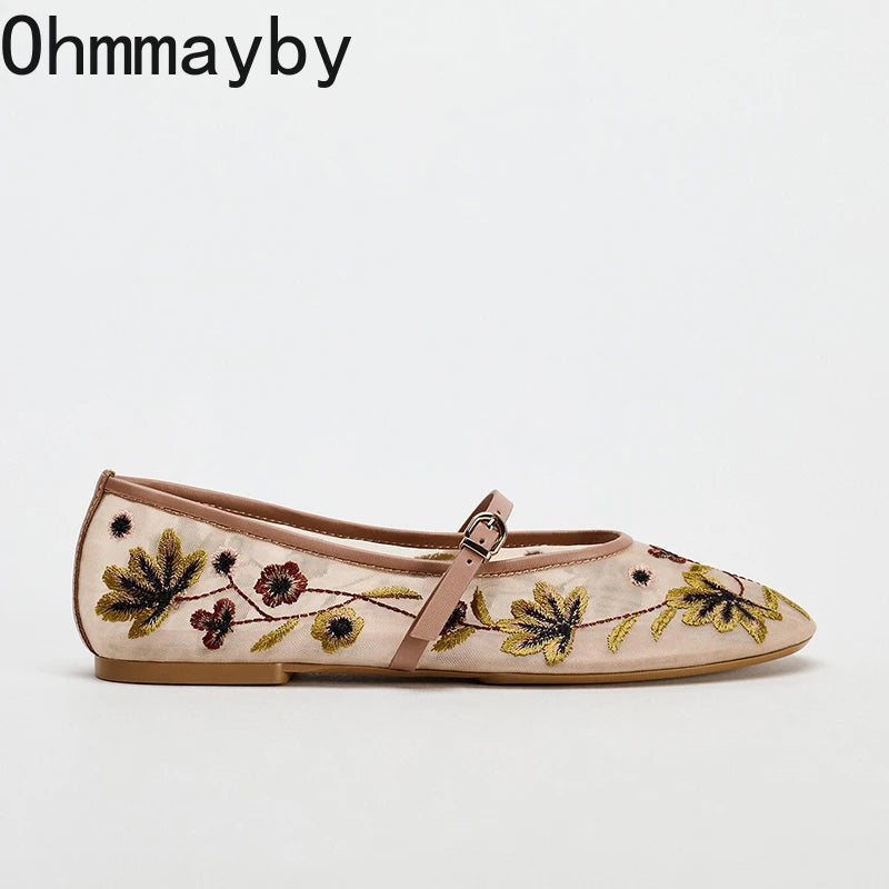 2026 zapatos Mary Jane bordados de primavera para mujer, zapatos de suela blanda transpirables para exteriores, zapatos planos de Ballet cómodos sin cordones para mujer