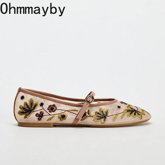 2026 zapatos Mary Jane bordados de primavera para mujer, zapatos de suela blanda transpirables para exteriores, zapatos planos de Ballet cómodos sin cordones para mujer