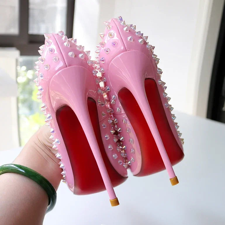 New Sexy Purple Inlaid Fashion High Heels Pink Rivet Professional Office Women's Shoes 12cm Large Temperament Single Shoes