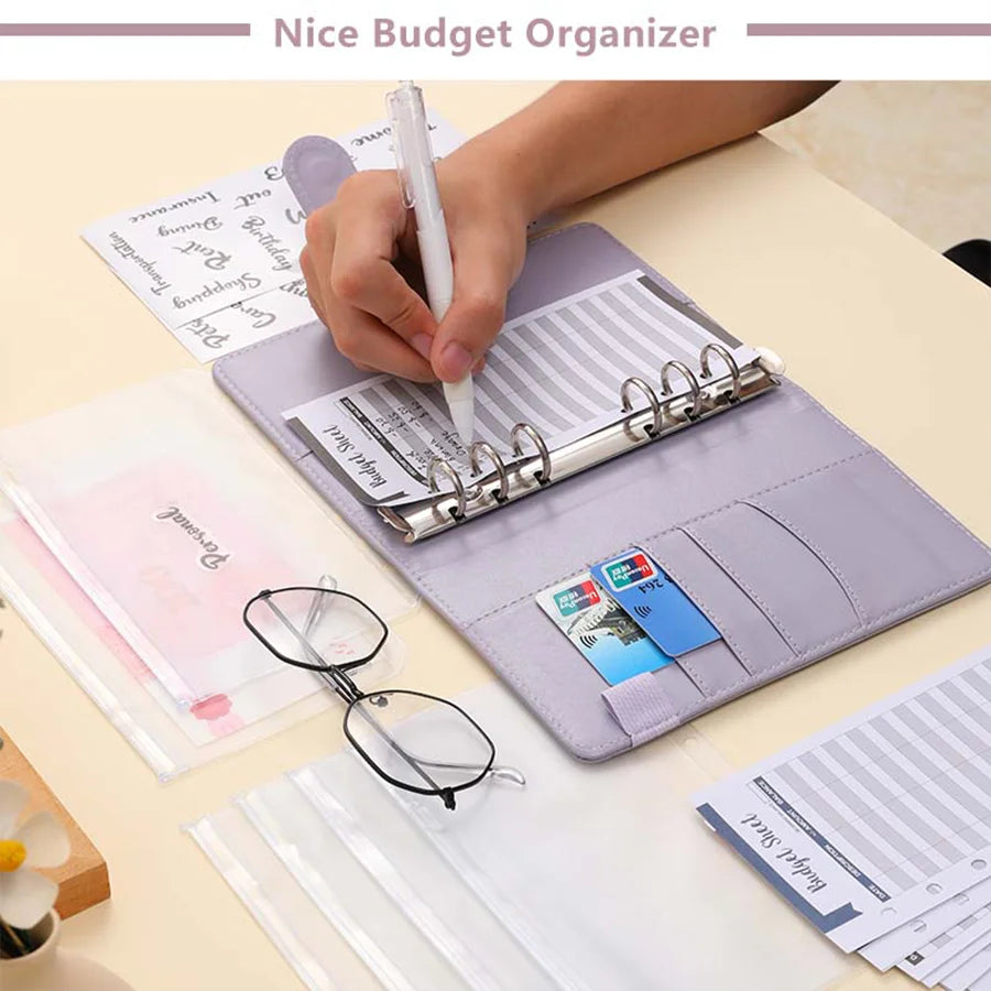 Carpeta de presupuesto de cuero PU con bolsillos para sobres de efectivo, carpeta pequeña de presupuesto francés con cremallera para ahorrar dinero, organizador planificador A6