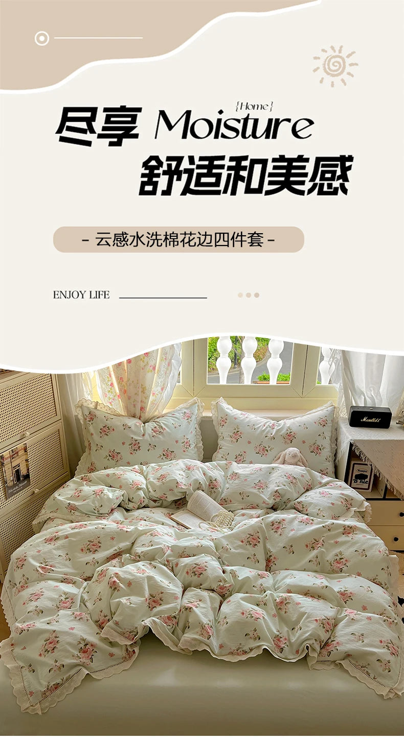Juegos de funda nórdica de algodón lavado, juego de cama con estampado de flores individual/Queen/king, estilo princesa, funda de couette de 220x240 con encaje