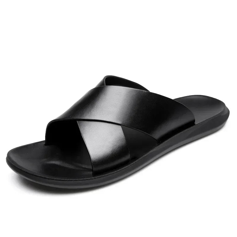 Sandalias para Hombre, zapatillas de cuero genuino, marca de lujo, zapatos planos a la moda para Hombre, Sandalia de playa antideslizante informal, Zapatos para Hombre 2024