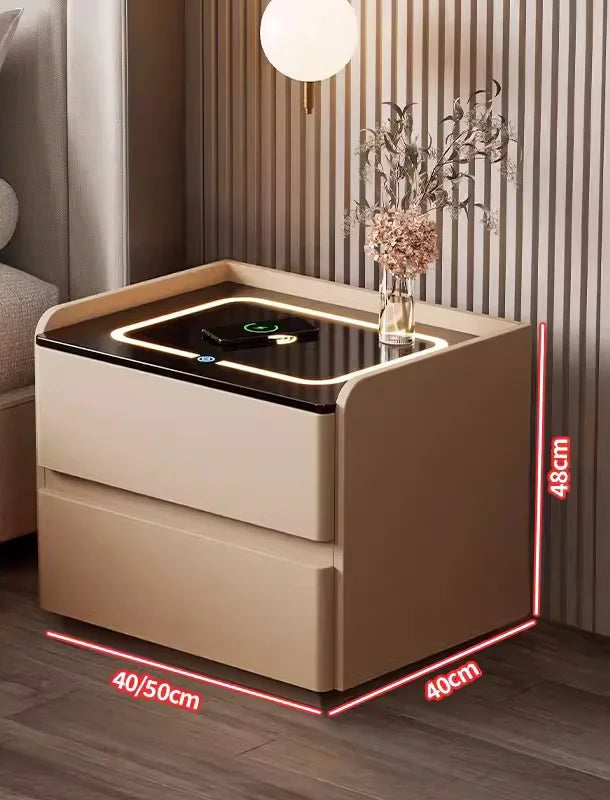 Mesita de noche inteligente de madera maciza con carga inalámbrica, mesita de noche de estilo moderno con 2 cajones y cerradura, armario lateral para el hogar