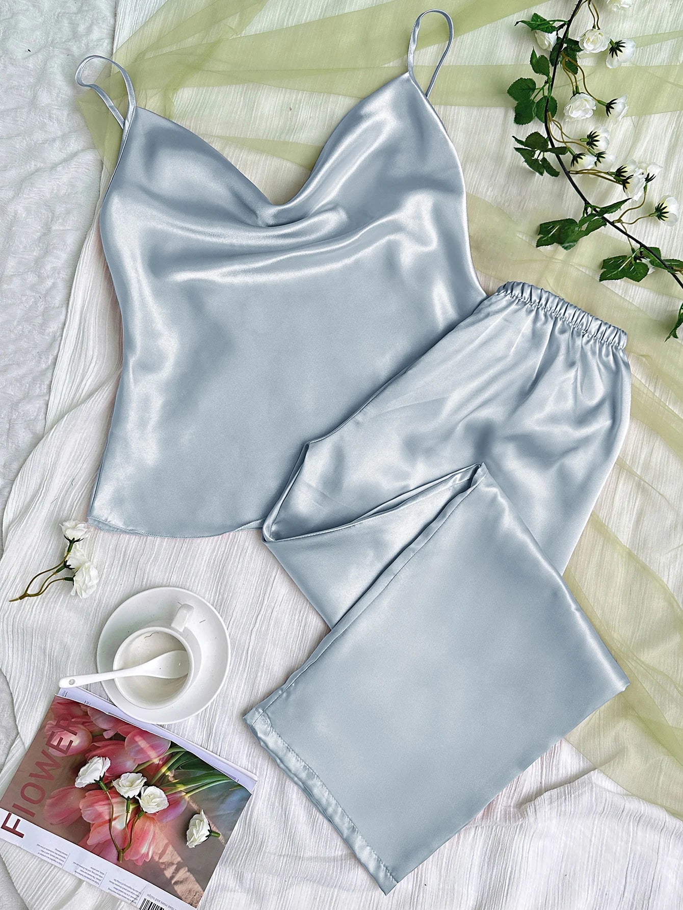 Conjunto de pijama de satén liso con cuello drapeado, Top camisola, pantalones con cintura elástica, ropa de dormir para mujer
