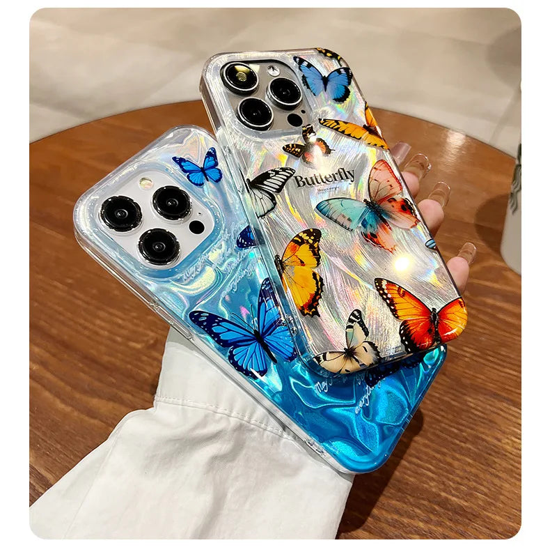 Funda de teléfono de arena con plumas graduales plateadas y mariposas de lujo para iPhone 16 15 14 13 12 11 Pro Max X XR 7 8 Plus, funda con cordón
