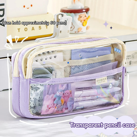 Bolsa de lápices transparente de cuatro capas, bolsa de papelería para estudiantes, bolsa de almacenamiento de gran capacidad, suministros de oficina escolar, papelería, 1Pc