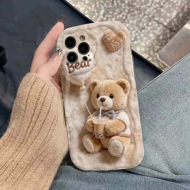 Funda de felpa con diseño de oso y gato con pajarita de té con leche para OPPO Reno 16 15 16F 15F 13F 12F 11F 14F 8 11 12 13 14 Pro 8T 5G Reno 7 4G 5 6 Lite