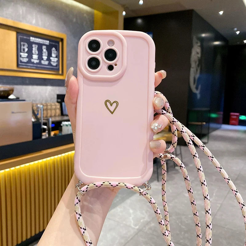 Con cordón amor fundas de teléfono para IPhone 17 16 15 14 13 12 11 Pro Max funda trasera de silicona cruzada