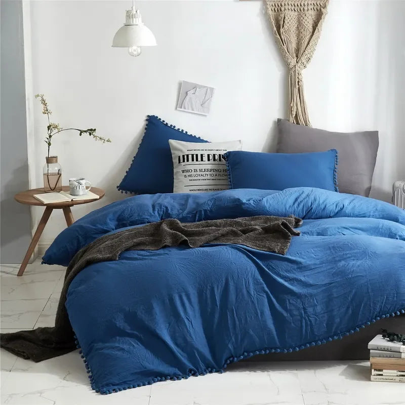 Funda de edredón suave y lavada, Juego de 3 piezas, funda de almohada, juego de ropa de cama para Twin, Full, Queen, King Size, decoración de pompones