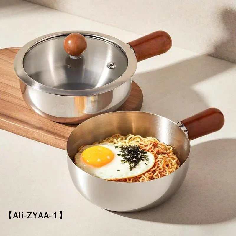 【A】Sartenes de cocina de acero inoxidable de 17 cm/14 cm con mango de madera y tapa de vidrio - Ollas pequeñas multiusos para fideos y huevos
