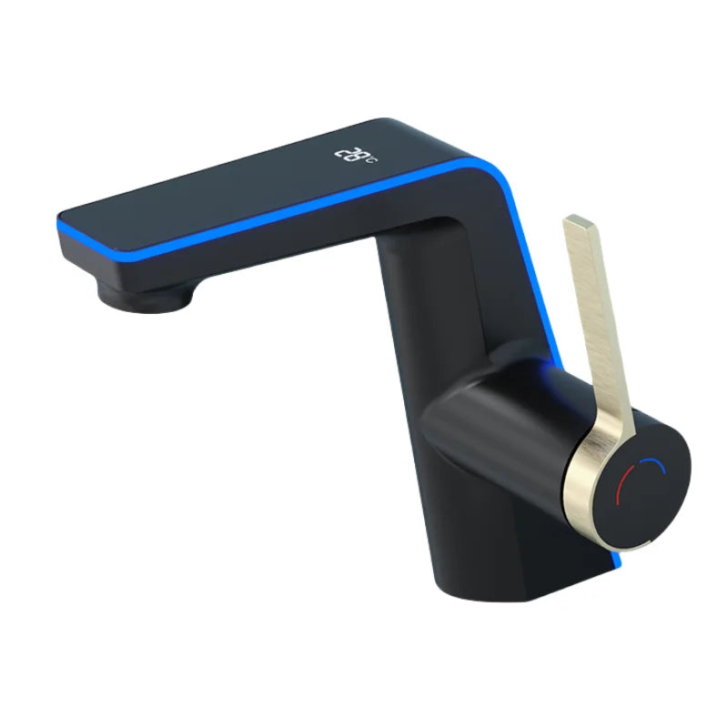 Grifo de lavabo de alta gama con pantalla de temperatura, luz LED, 2 modos de pulverización, mezclador de agua fría y caliente, grifo de lavabo de un solo orificio para baño