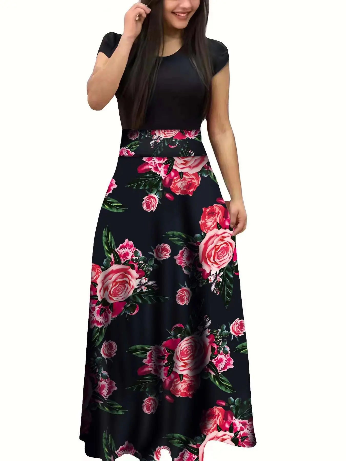 Vestido de manga corta a juego con estampado de flores de estilo europeo y americano para mujer, falda con vuelo grande, 2024