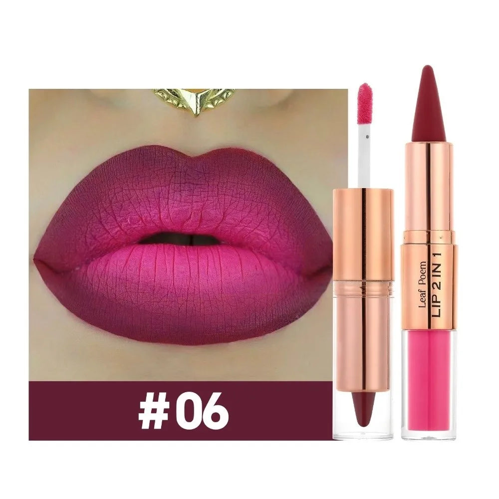 Delineador de Labios 2 en 1 de Doble Punta, Acabado Mate, Antiadherente, Resistente al Agua, Punta Cónica, Brillo Labial Mate de Larga Duración para Uso Diario
