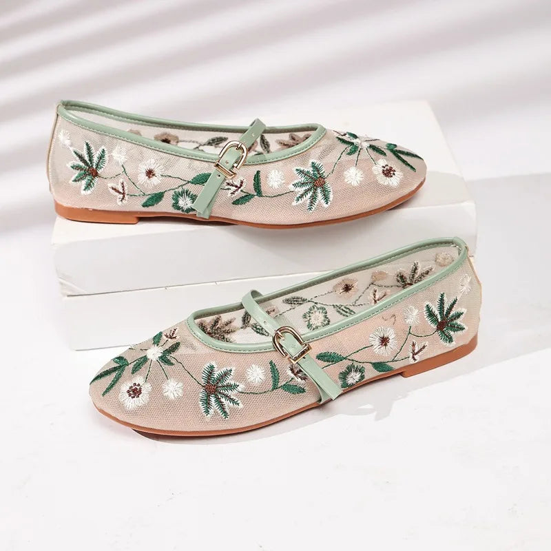 Zapatos Mary Jane de malla con bordado floral de primavera para mujer, zapatos con correa y hebilla concisa, zapatos de suela suave, zapatos planos de ballet transpirables para mujer