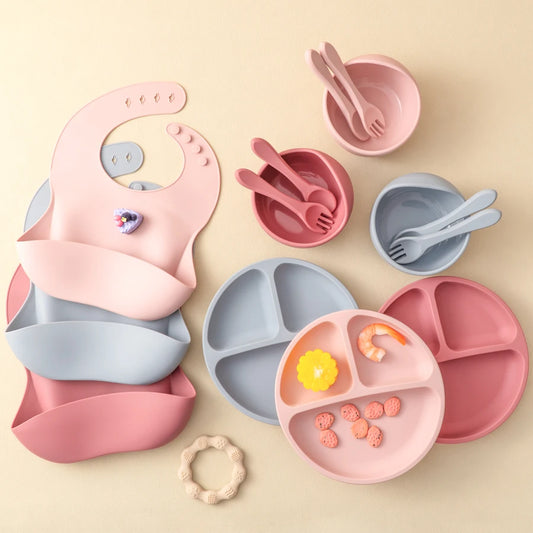 Juego de alimentación de silicona para bebé, plato de comedor redondo, cuenco con ventosa, platos para niños, babero impermeable, cuchara, vajilla para niños, 5 uds.