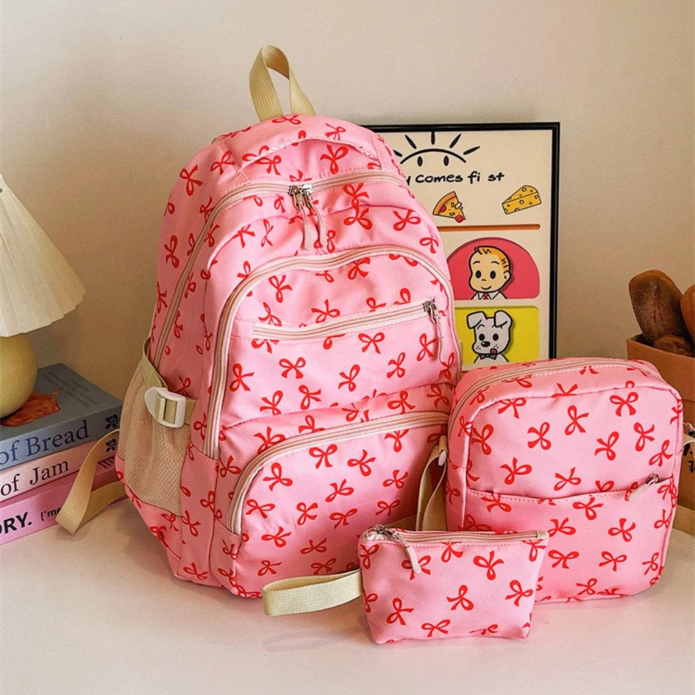 Juego de 3 Bolsas Escolares con Lazo, Mochila de Gran Capacidad, Mochila Casual de Viaje, Mochila Versátil, Bolsa Cruzada, Bolsas para Niñas