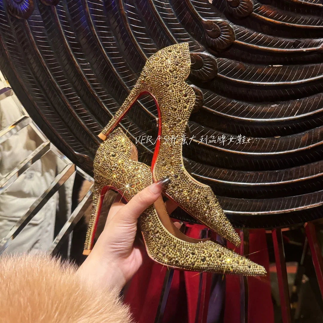Tacones altos para mujer, primavera 20220, oro nuevo, Sexy, puntiagudos, franceses, finos con zapatos individuales, zapatos de boda de cristal para mujer, zapato de suela roja para mujer