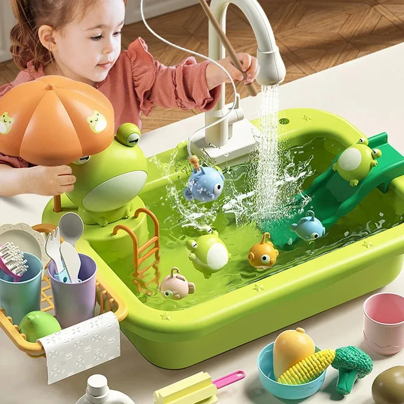 Juguetes de fregadero de cocina para niños, lavavajillas eléctrico, juguete con agua corriente, juego de simulación de comida, juguete de pesca, juego de rol, regalo para niñas