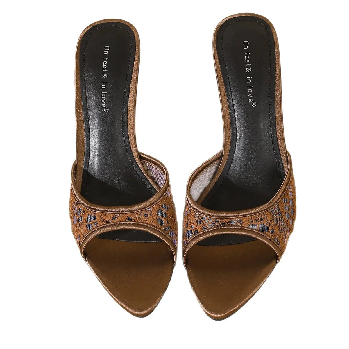 Zapatillas de mujer de tacón alto fino con bordado de malla elegante, sandalias deslizantes sexis con punta abierta y punta estrecha, zapatos cómodos de verano para mujer