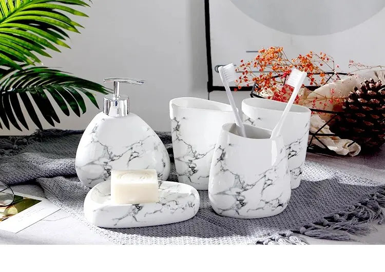 6 unids/set de cerámica de imitación de mármol, juego de accesorios de baño, dispensador de jabón/soporte para cepillo de dientes/vaso/productos jabonera