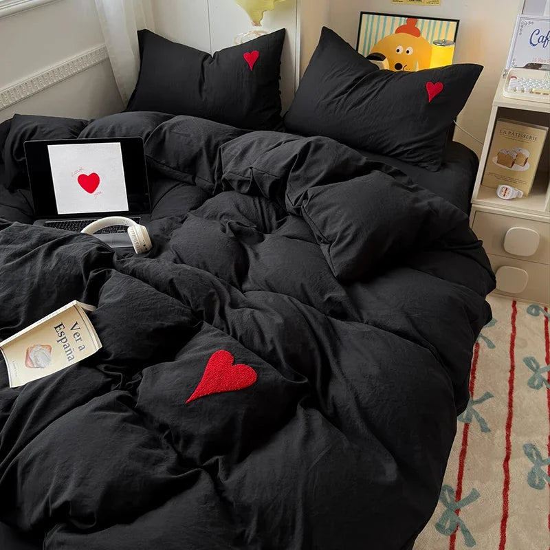 Juego de cama de algodón lavado, funda nórdica negra súper suave y fresca, toalla en forma de corazón, ropa de cama, fundas de edredón respetuosas con la piel, sábanas