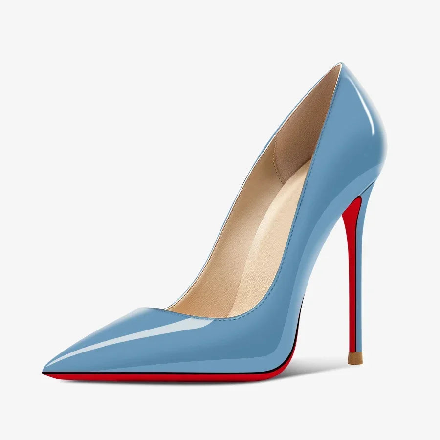 Nuevos tacones altos negros puntiagudos de 12 cm para mujer, tacones delgados con temperamento sexy, boca poco profunda, zapatos individuales con suela roja 34-46