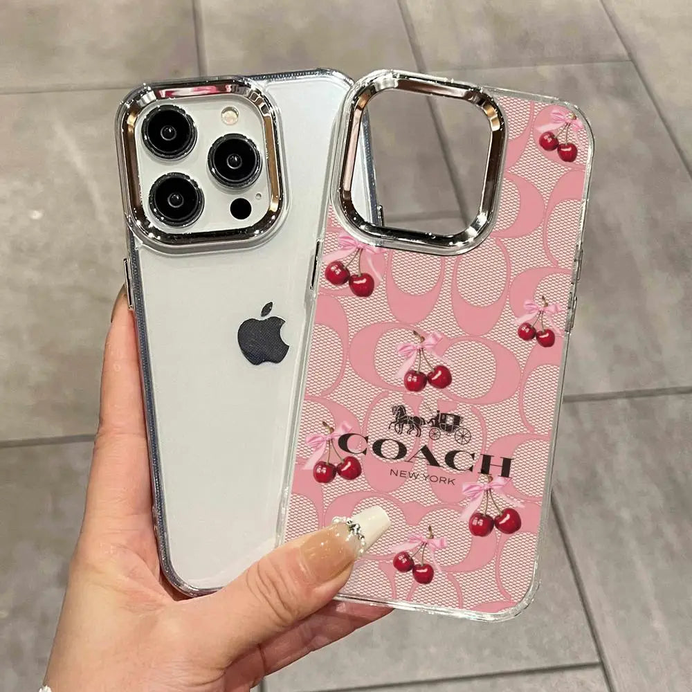 Funda C-Coach-s Cherries para iPhone 17 16 15 Pro MAX 14 13 12 16e 15Pro Plus, Carcasa Plateada 17Air, Fundas IMD