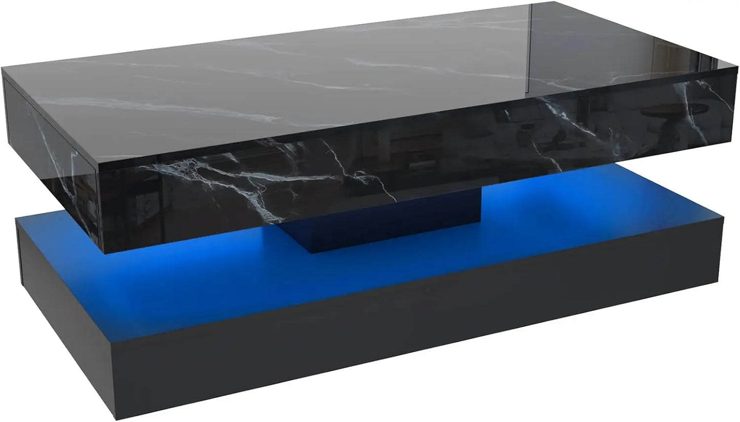 Mesa de Centro Moderna y Elegante con Luces LED, Diseño de Doble Capa para Sala de Estar con 2 Cajones de Almacenamiento