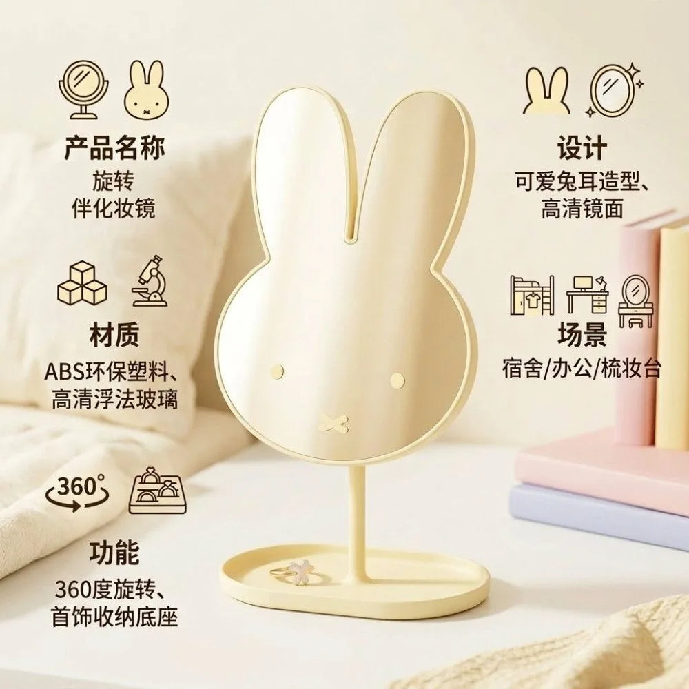 Espejo de Maquillaje de Escritorio Kawaii Miffy, Espejo de Vanidad con Diseño de Conejo, 360° °   Bandeja Giratoria con Base, Cristal de Alta Claridad, Accesorio para Escritorio de Dormitorio, Regalo