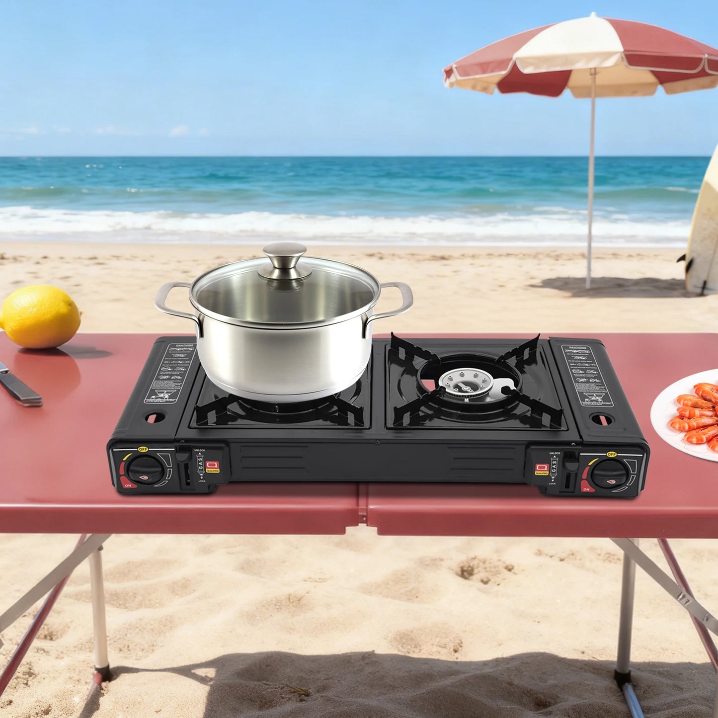 Estufa de Camping portátil de 2 quemadores, estufa de Gas butano/GLP de encendido automático de 2,5 kW con bandeja para hornear + Estuche de transporte para barbacoa pícnic al aire libre RV
