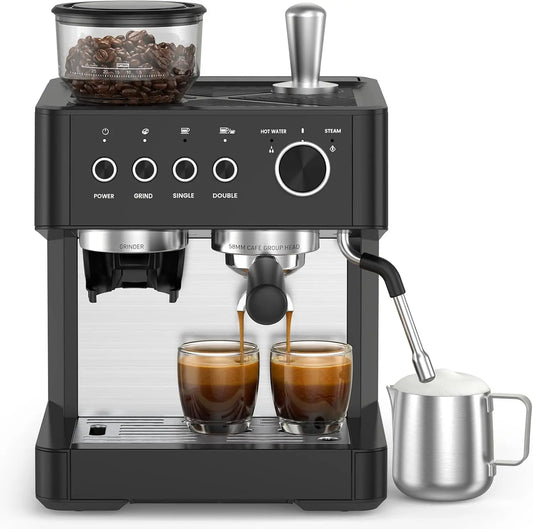 Máquina de Espresso de 20 Bares con Molinillo, Cafetera, Espumador de Leche, Varilla de Vapor, Herramientas de Apisonado, Cappuccino, Latte