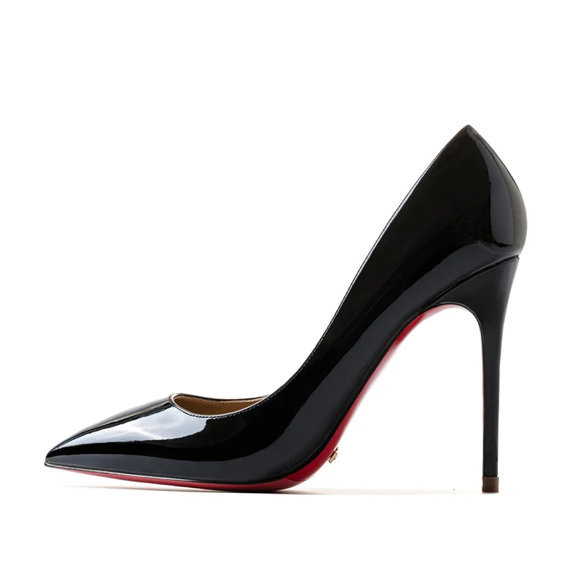 HLTINO, tacones altos de fondo rojo de 12cm, zapatos de lujo de cuero genuino, tacones de aguja súper altos para mujer con zapatos de tacón de primavera para mujer