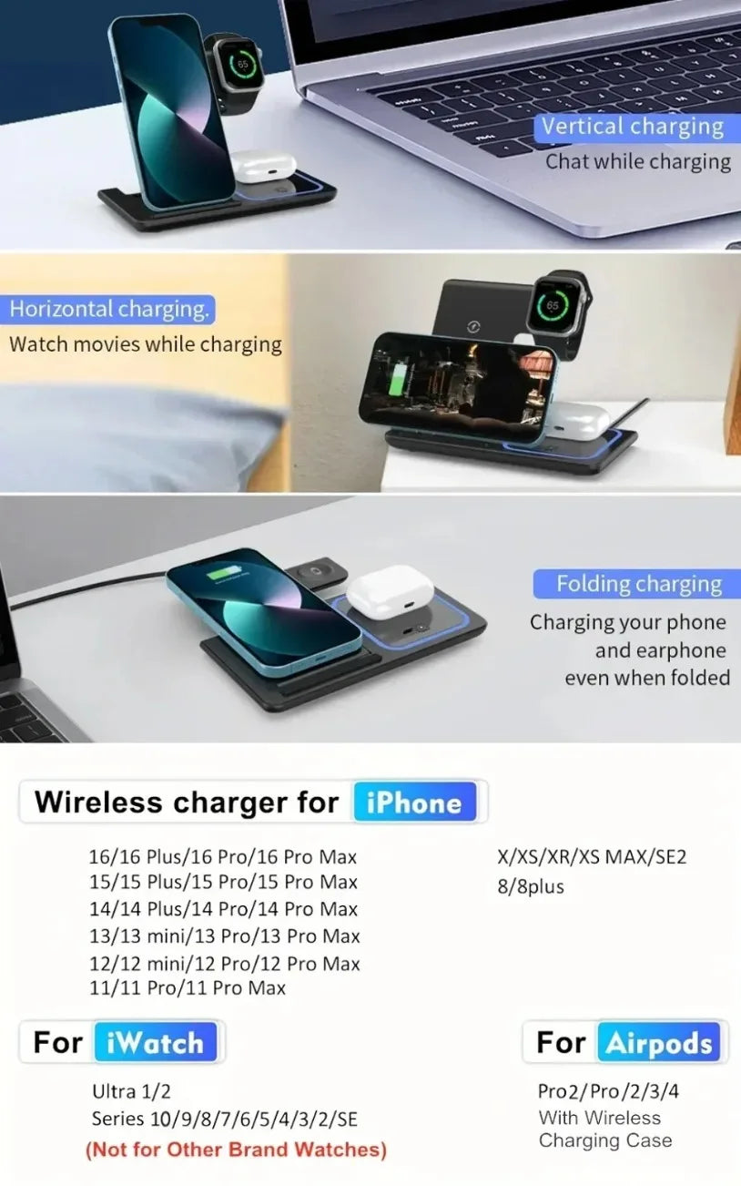 VIKEFON Estación de Carga Inalámbrica Plegable 3 en 1 para iPhone 17-12 Pro Max, iWatch Ultra y Airpods Pro, Base de Carga Rápida